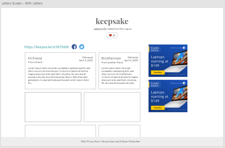 An early mockup of Keepsake's inbox page designed with Adobe XD